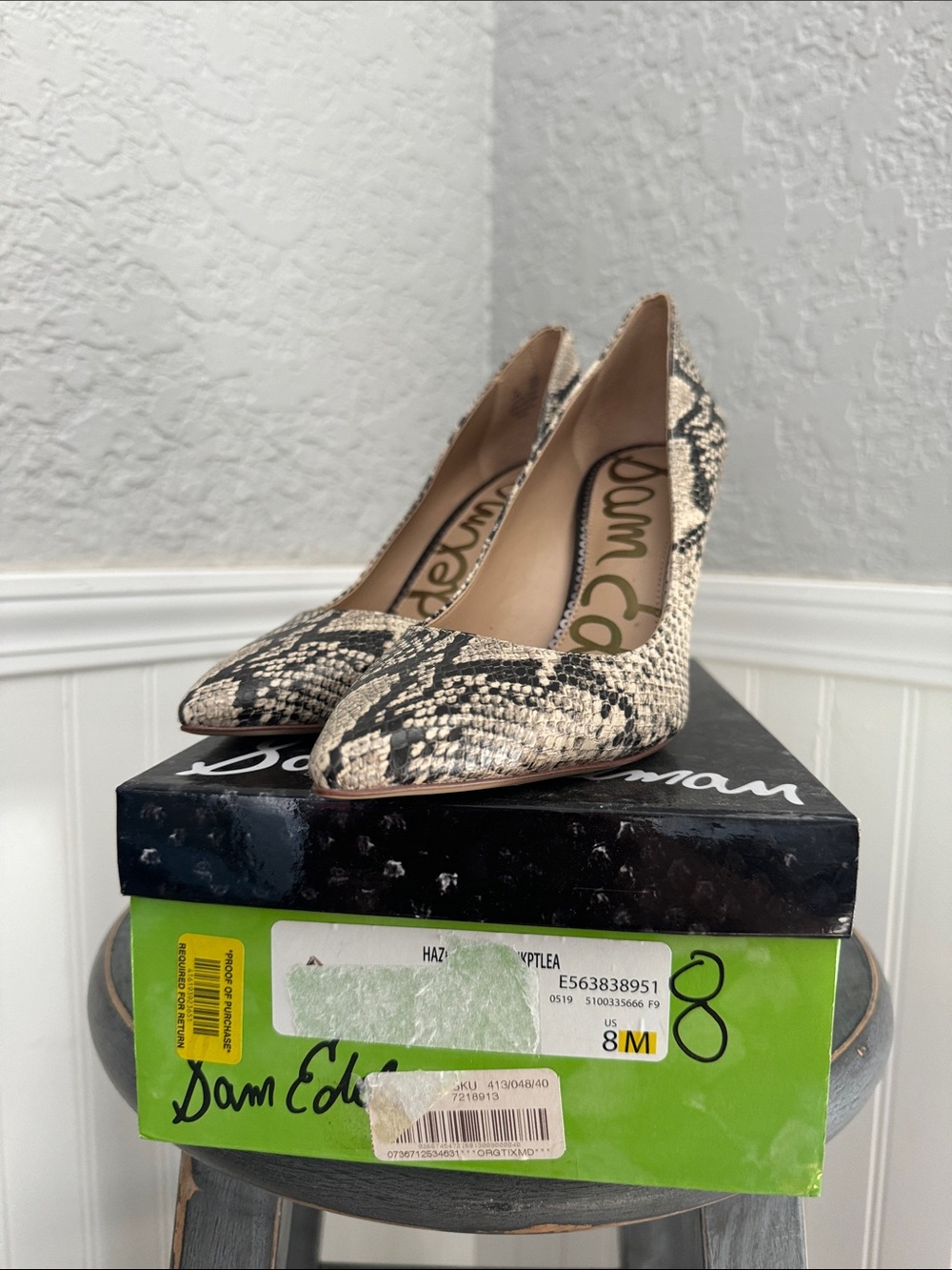 Sam Edelman Cream and Black Snake-Print Pointed-Toe Pumps